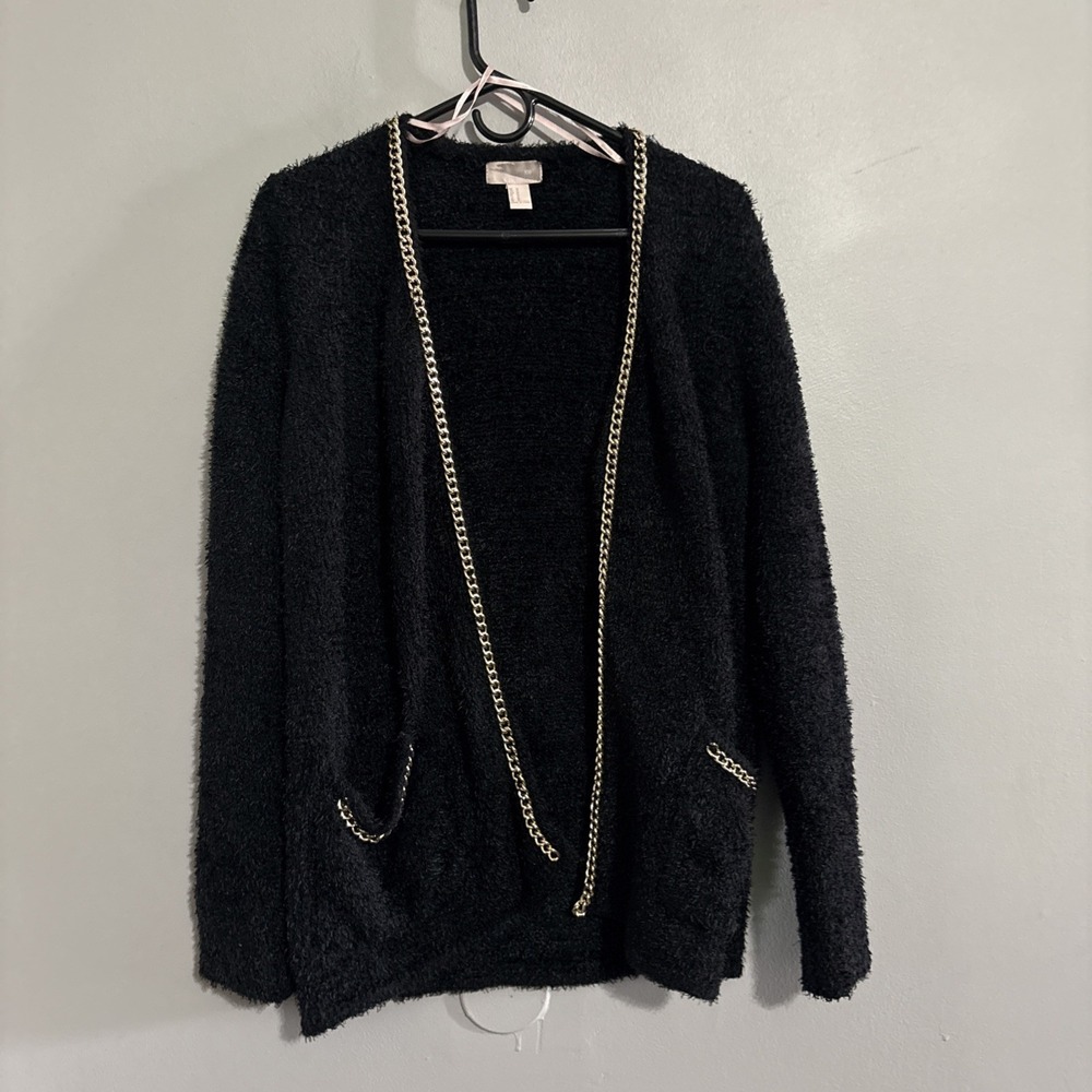 Forever‎ 21 Woman's FuzzyCardigan Oversized Gold Chain Sweater Black Size Med